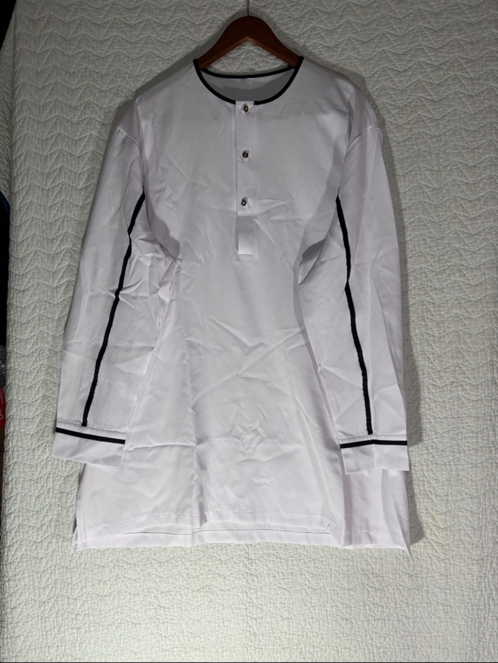 Men's White Casual Button-Down Kaftan with Black Trim